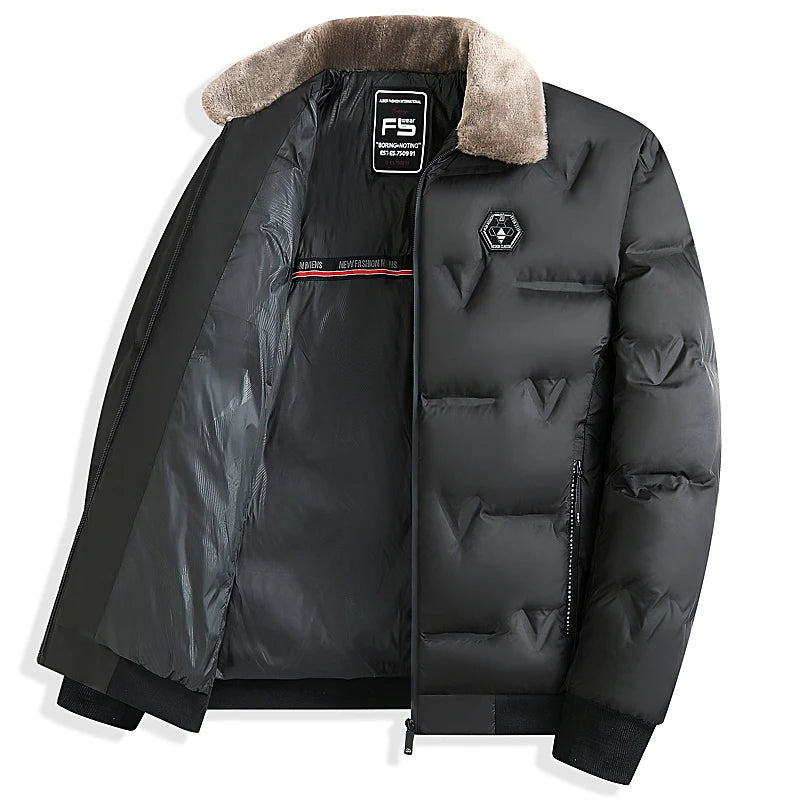 Men's Puffer Jacket – Quilted Winter Coat with Zip Front, Long Sleeves and Fur Collar