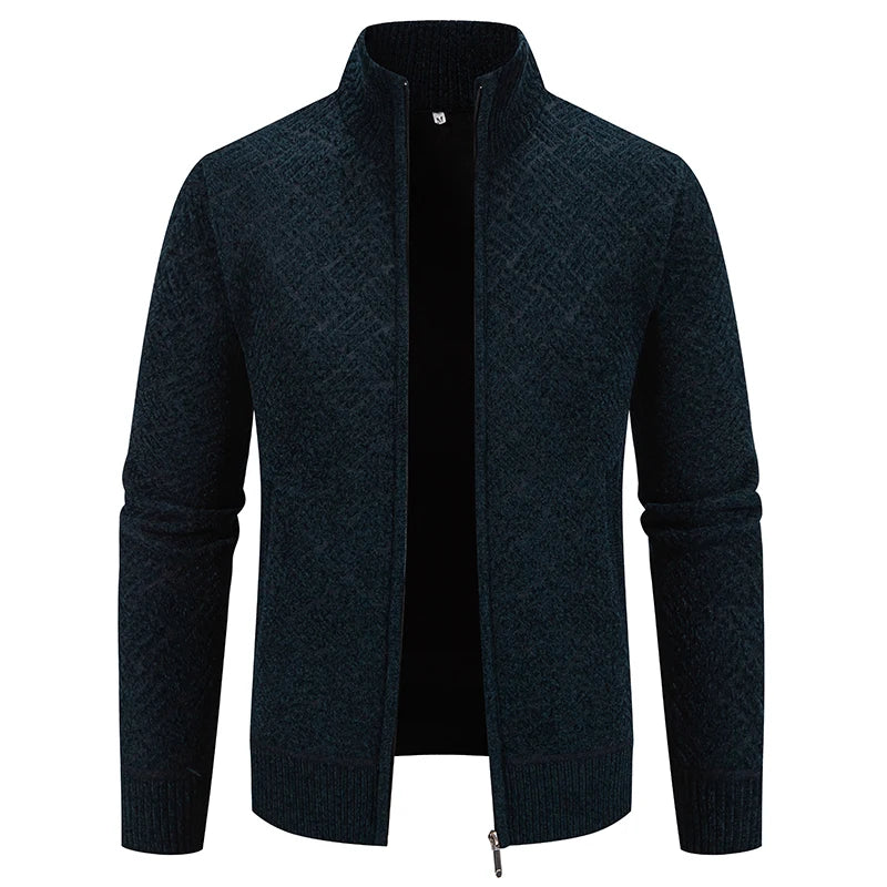 Men's Knitted Zip Cardigan – Long Sleeve Stand Collar Sweater with Geometric Pattern