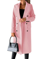 Women's Longline Double Breasted Coat – Long Sleeve Lapel Collar Button Front