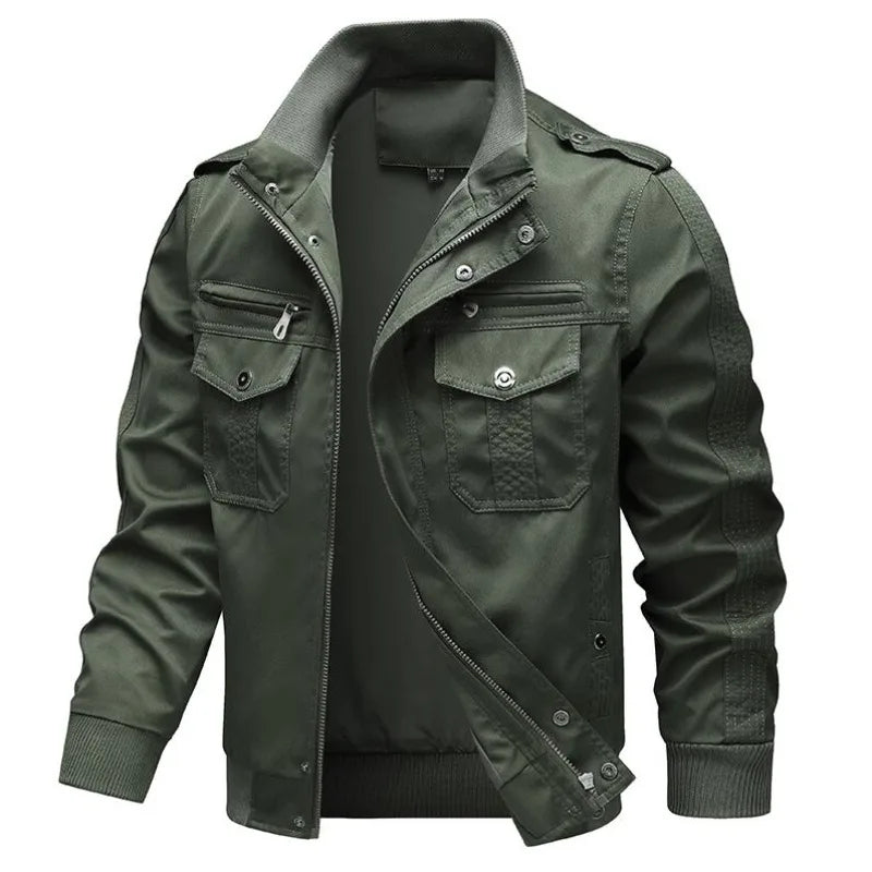 Men's Utility Field Jacket with High Collar, Long Sleeves and Multiple Front Pockets