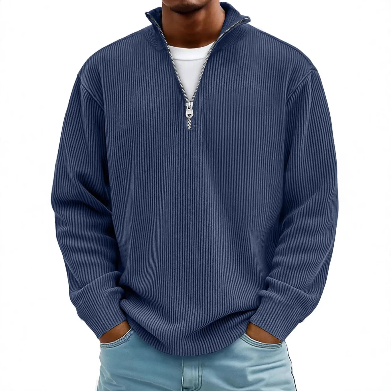 Men's Quarter Zip Ribbed Jumper with Stand Collar
