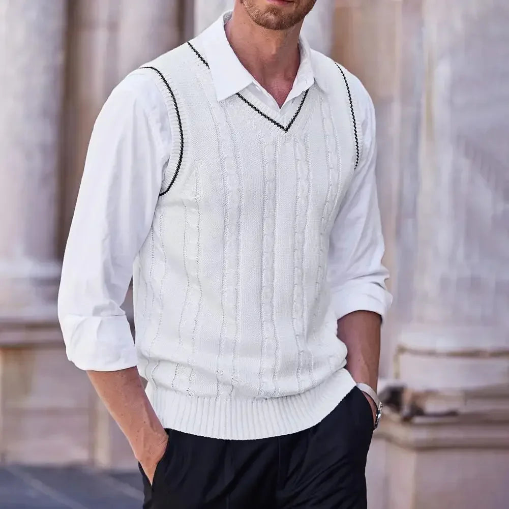 Men's Cable Knit Gilet with V Neck and Contrast Trim