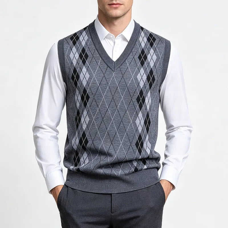 Men's Argyle Knit Gilet with V Neck Diamond Design