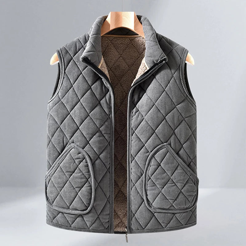 Men's Quilted Jacket – Long Sleeve Zip Front with Stand Collar and Pockets