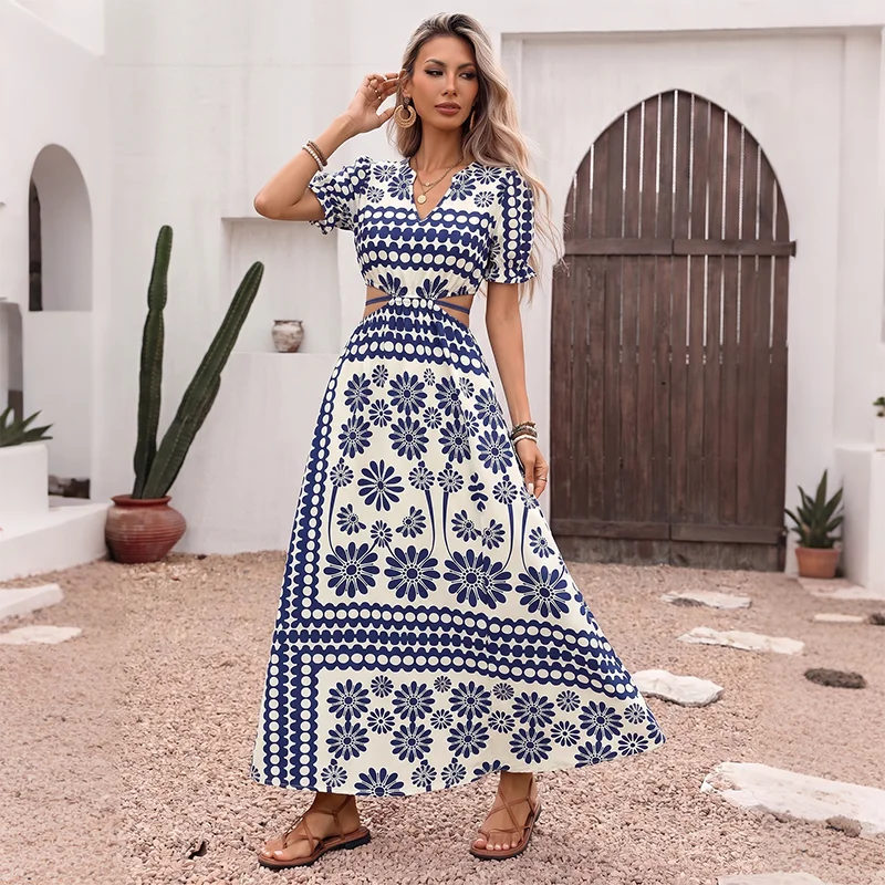 Women's Printed Cutout Waist Maxi Dress