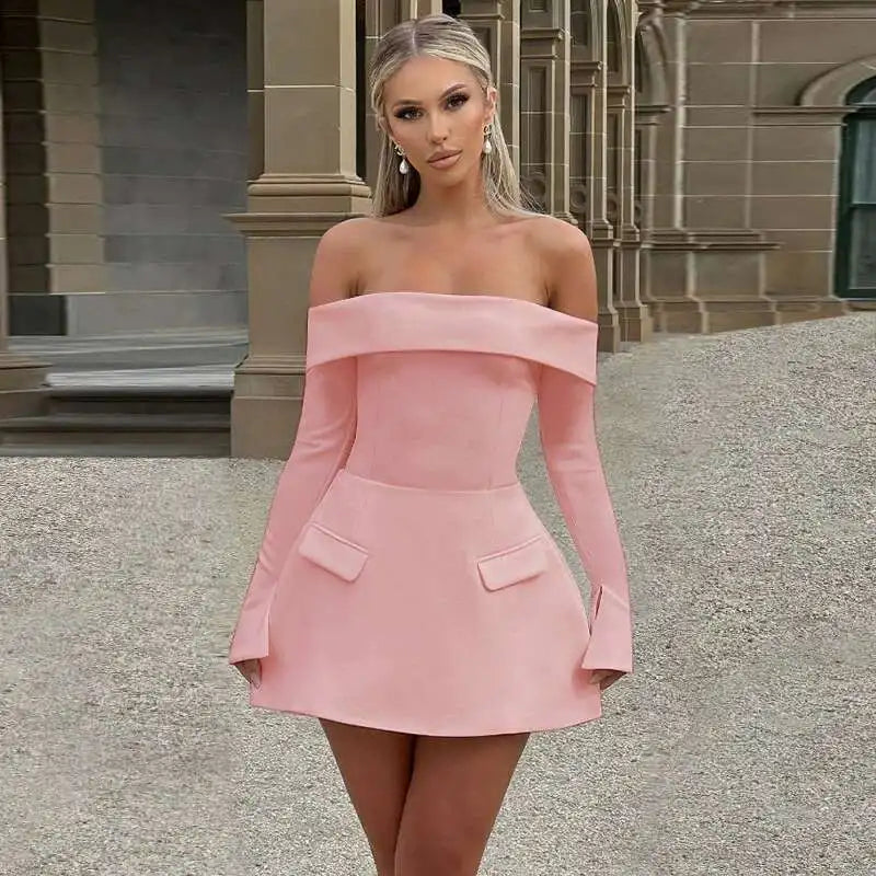 pink off shoulder skater dress Hot Pink Off-shoulder Skater Dress, Ruffle Neck, Vintage Style