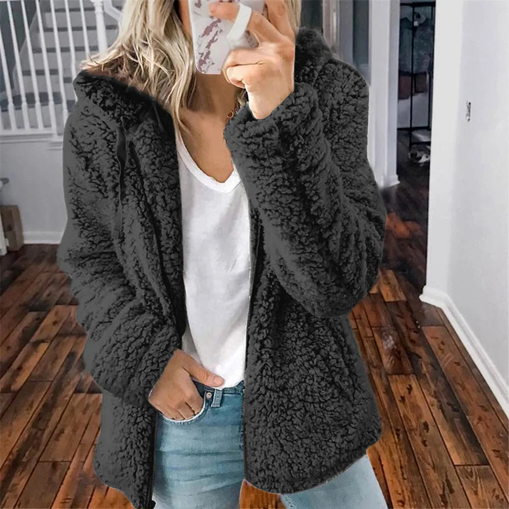 Women's Teddy Fleece Jacket – Fluffy Long Sleeve Open Front Winter Coat