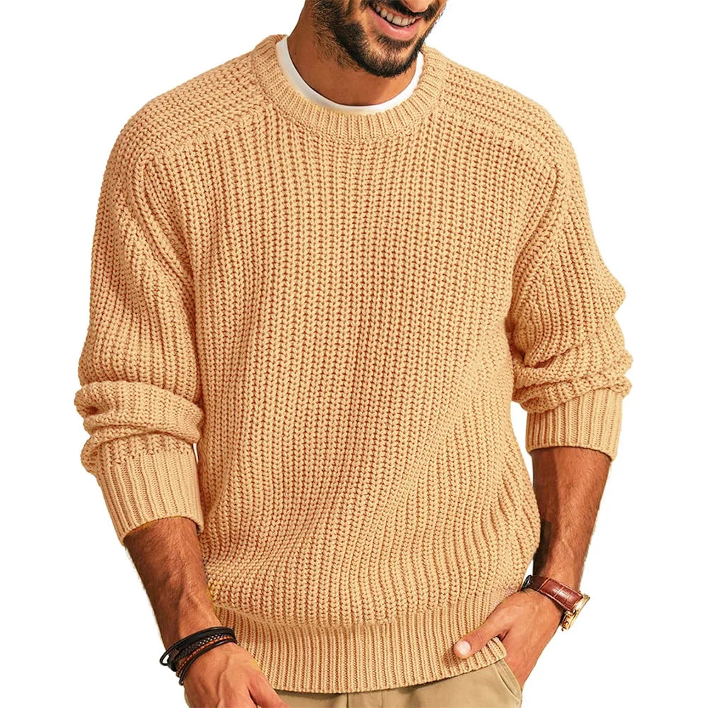 Men's Textured Knit Jumper with Crew Neck Ribbed Cuffs