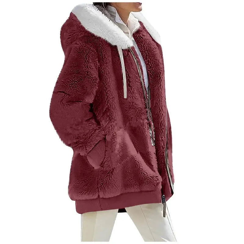 Women's Fleece Zip Up Teddy Coat – Hooded Plush Jacket for Cold Weather with Pockets