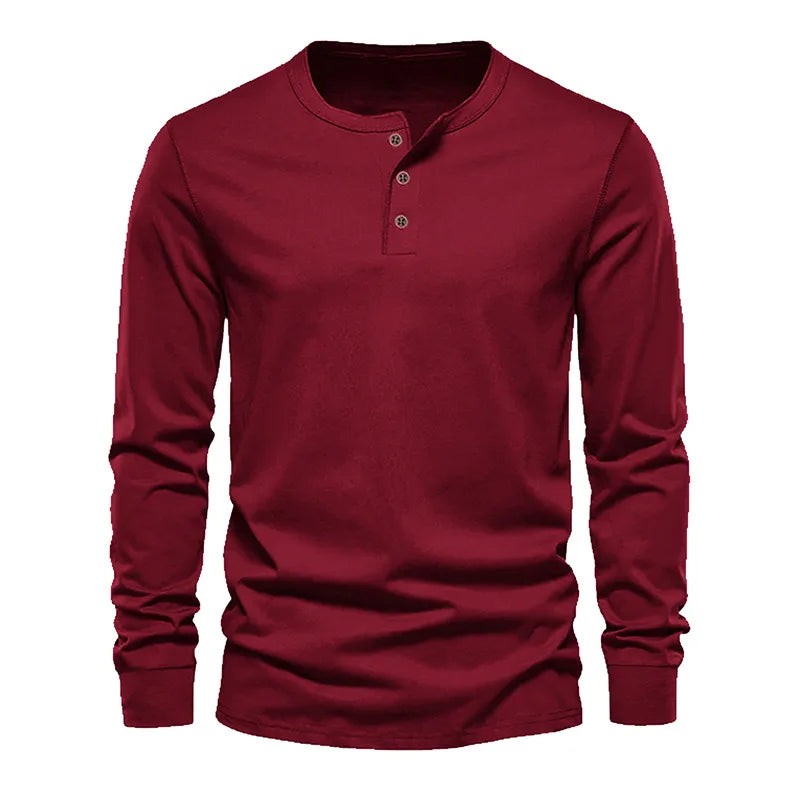 Men's Classic Long Sleeve Henley Tee with Round Neck