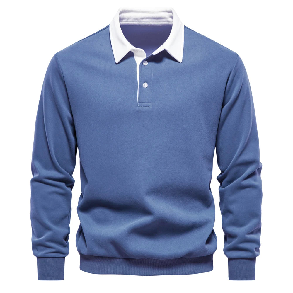 Men's Classic Collared Long Sleeve Polo Shirt with Ribbed Cuffs