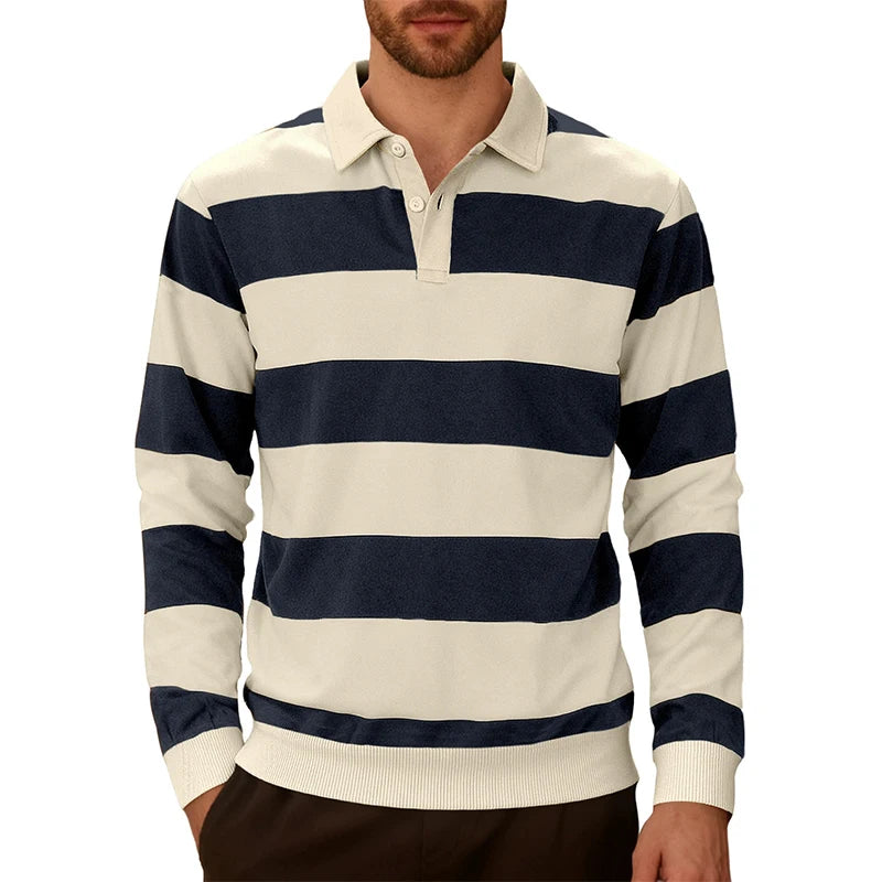 Men's Rugby Stripe Long Sleeve Polo Shirt