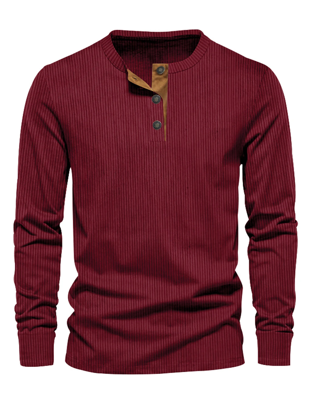Men's Button Neck Long Sleeve Pullover Shirt with Ribbed Design