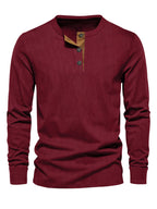 Men's Button Neck Long Sleeve Pullover Shirt with Ribbed Design