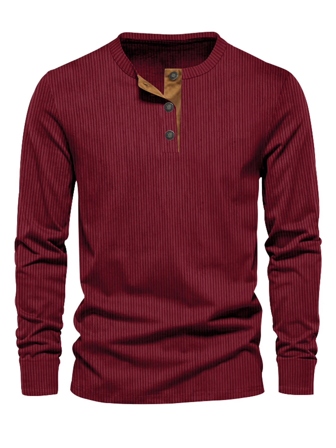 Men's Button Neck Long Sleeve Pullover Shirt with Ribbed Design