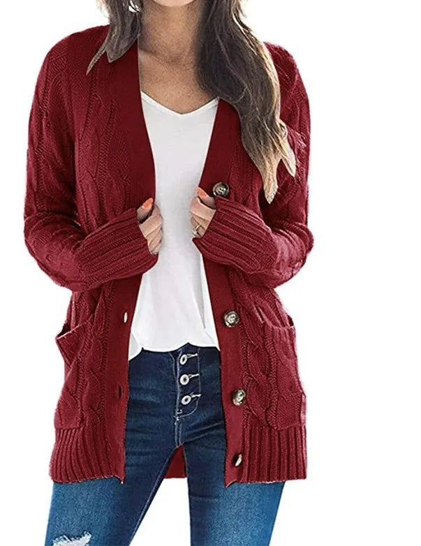 Women's Cable Knit Cardigan – Longline V Neck Button Front Sweater with Pockets