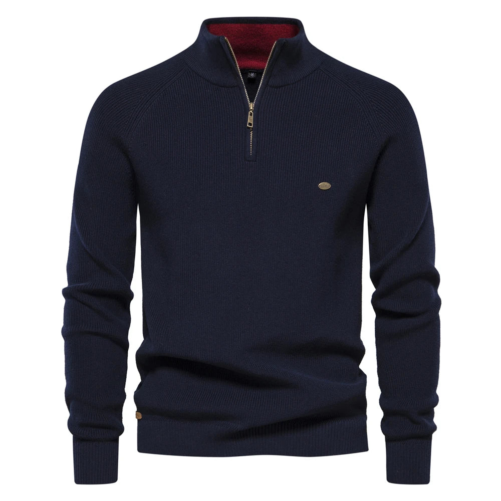 Men's Mock Neck Zip Sweater with Long Sleeve Design