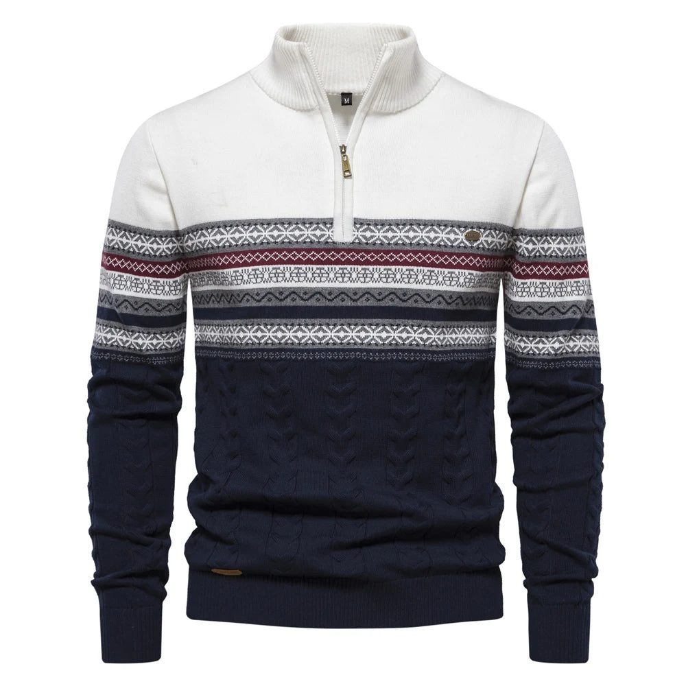 Men's Knitted Quarter Zip Jumper – Patterned Long Sleeve Sweater with Stand Collar