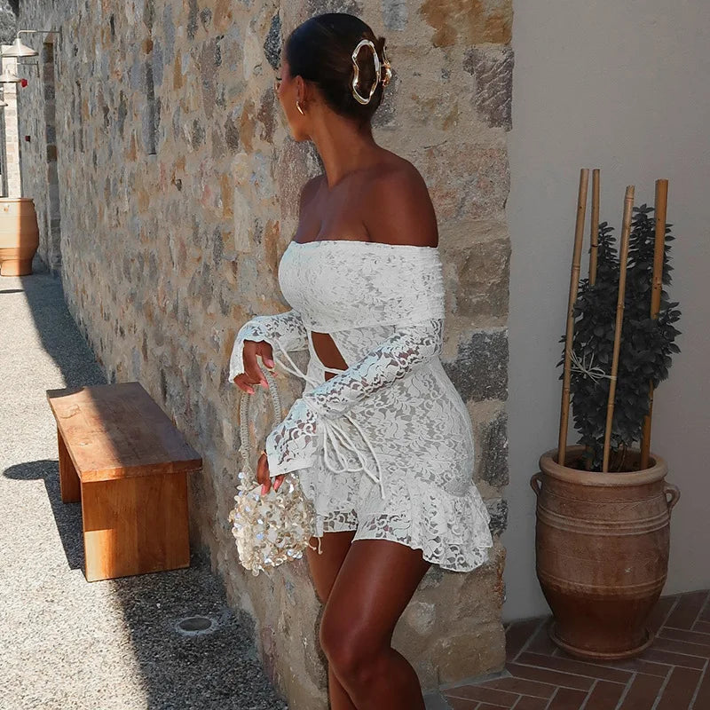 Women's Off Shoulder Lace Ruffle Mini Dress With Sleeves