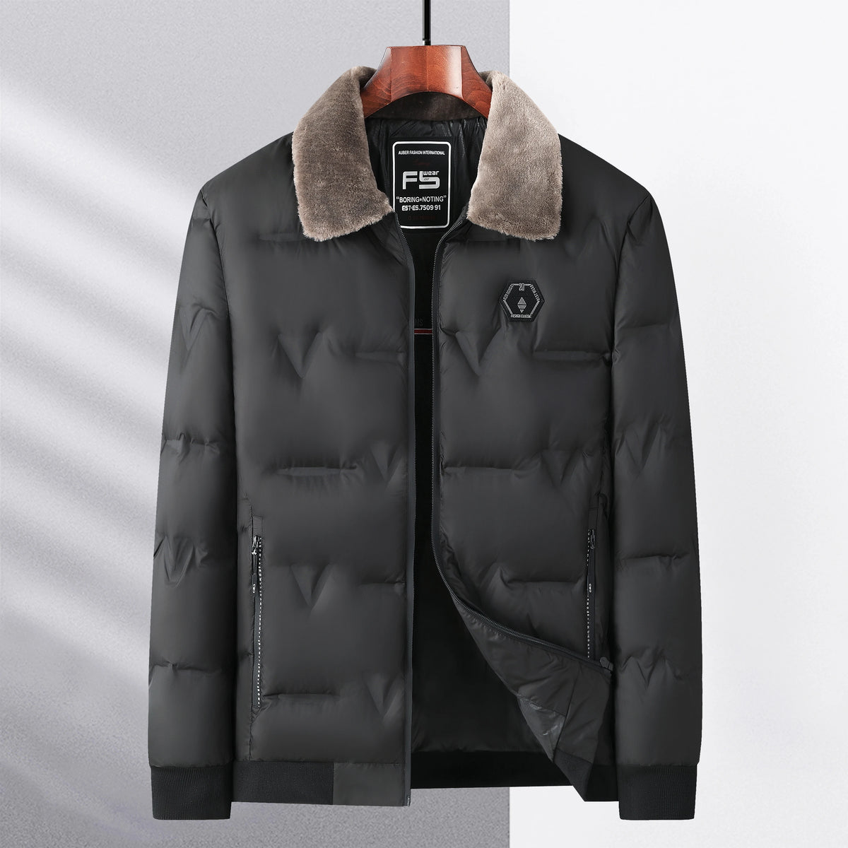 Men's Puffer Jacket – Quilted Winter Coat with Zip Front, Long Sleeves and Fur Collar