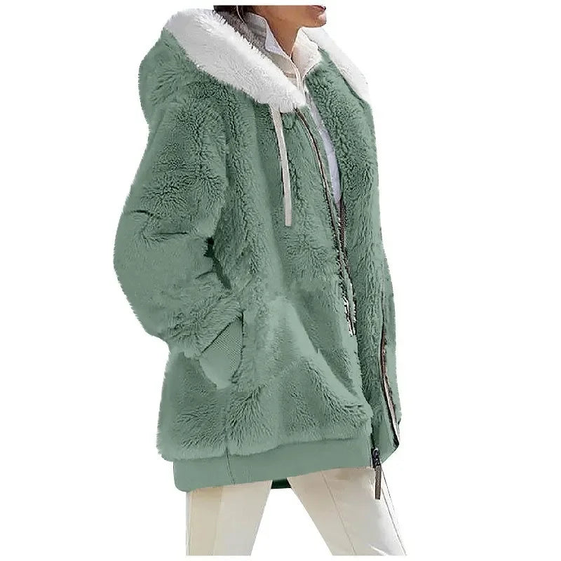 Women's Fleece Zip Up Teddy Coat – Hooded Plush Jacket for Cold Weather with Pockets
