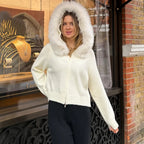 Women's Knitted Jumper with Fur Collar – Long Sleeve Zip Front Sweater