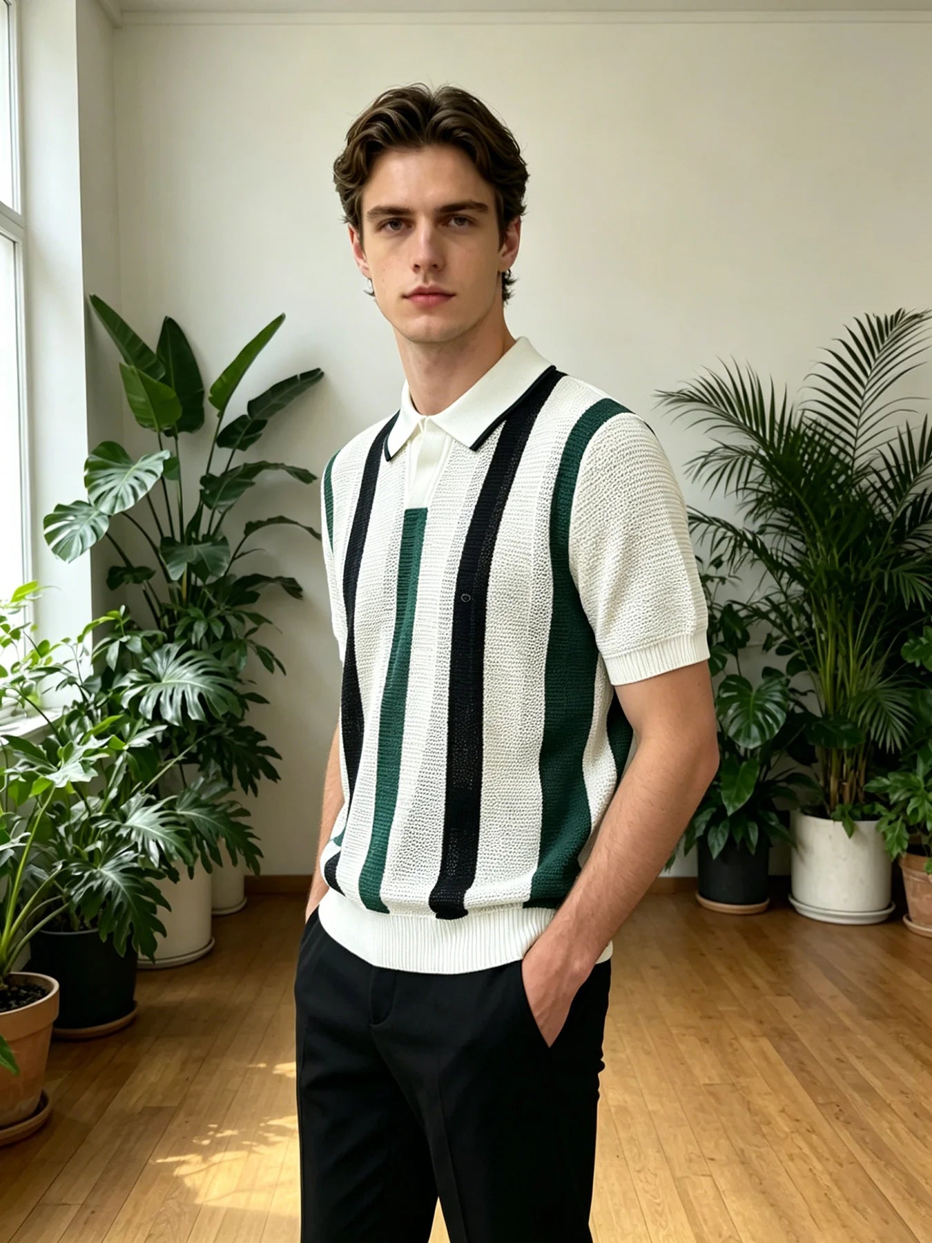 Men's Collared Striped Knit Shirt