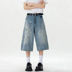 Men's Wide Leg Cropped Straight Denim Jeans With Distressed Detail