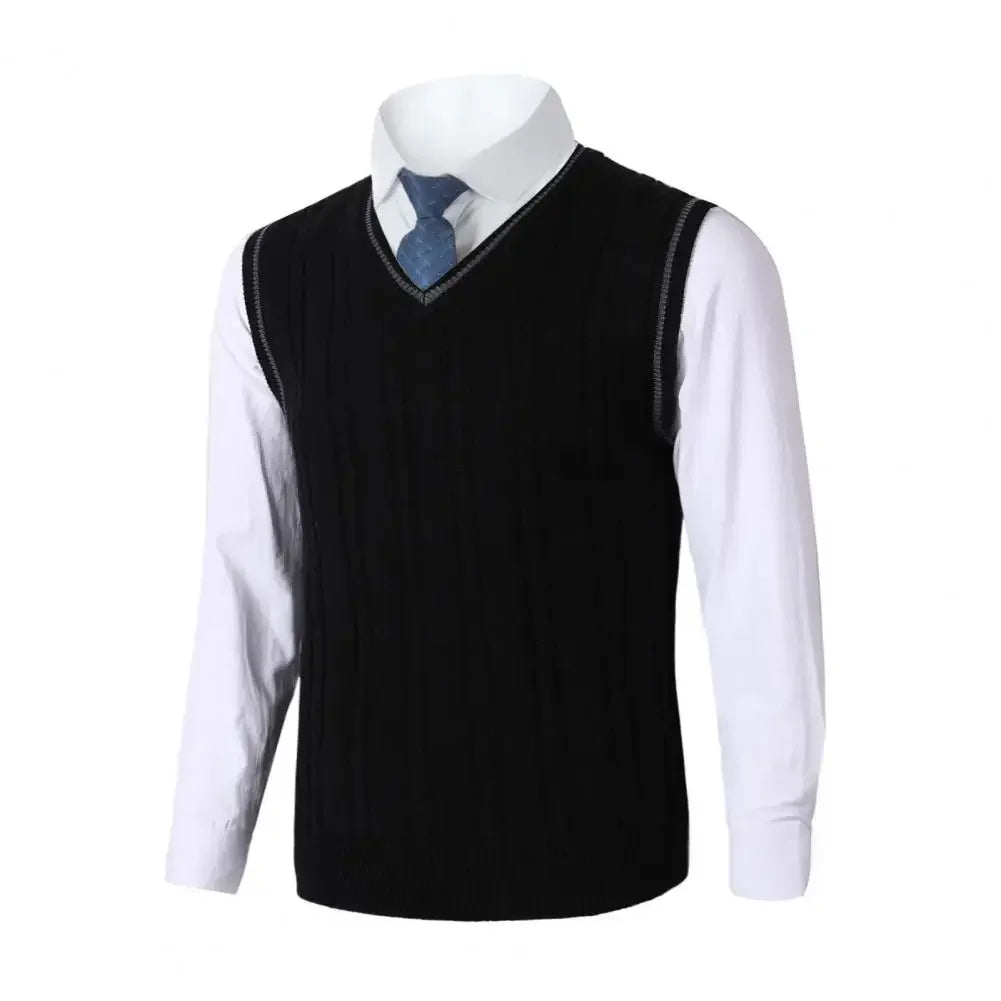 Men's Cable Knit Gilet with V Neck and Contrast Trim