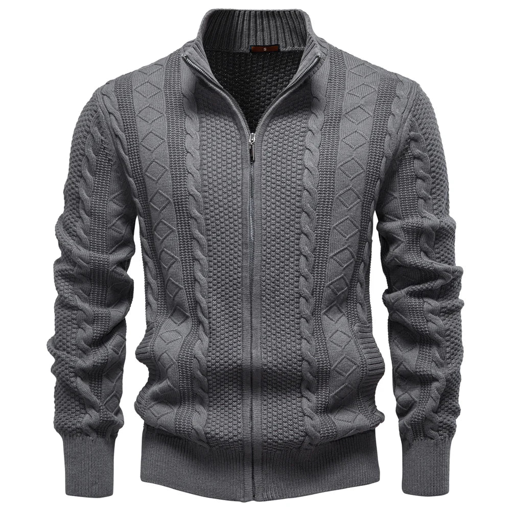 Men's Cable Knit Zip Cardigan with Ribbed Cuffs and Hem