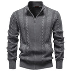 Men's Cable Knit Zip Cardigan with Ribbed Cuffs and Hem