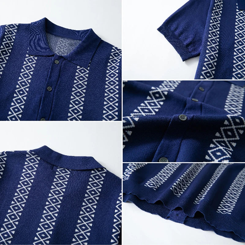 Button Front Patterned Polo Knit Top