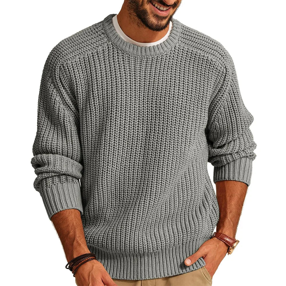 Men's Textured Knit Jumper with Crew Neck Ribbed Cuffs