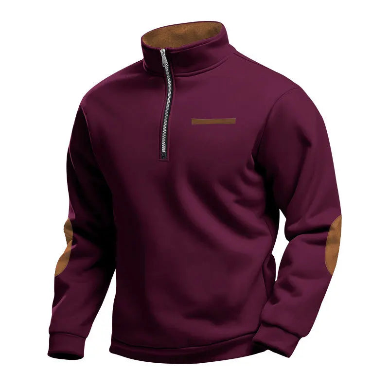 Men's Quarter Zip Sweatshirt – Long Sleeve Jumper with High Neck and Contrast Elbow Patches
