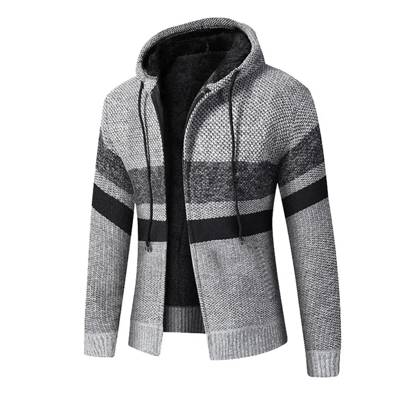 Men's Knitted Zip Up Hoodie – Long Sleeve Hooded Jumper with Stripe Detail