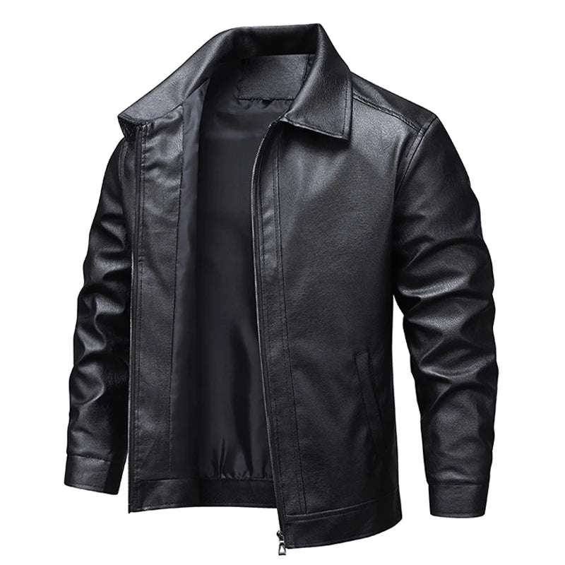 Men's Leather Look Jacket – Full Zip Front, Long Sleeves and Pointed Collar