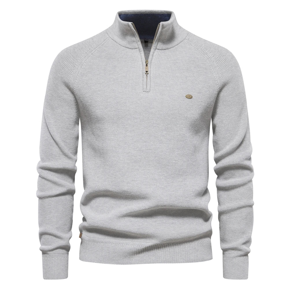 Men's Mock Neck Zip Sweater with Long Sleeve Design