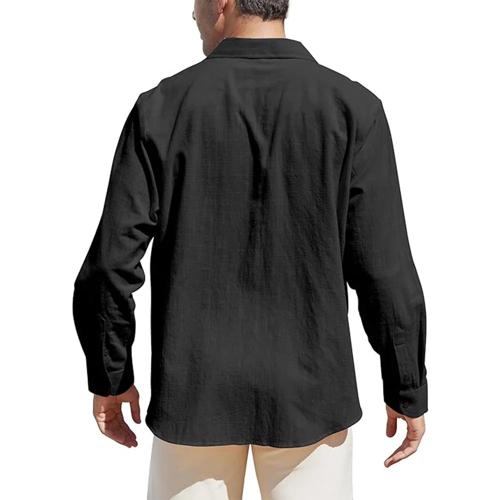 Men's Linen Blend Button Up Long Sleeve Collared Shirt