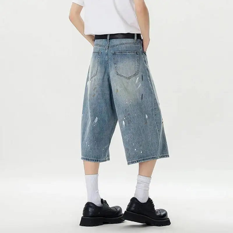Men's Wide Leg Cropped Straight Denim Jeans With Distressed Detail