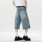 Men's Wide Leg Cropped Straight Denim Jeans With Distressed Detail