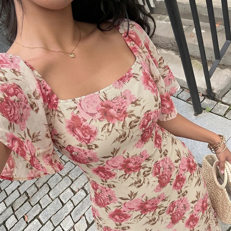 Floral Print Square Neck Midi Dress