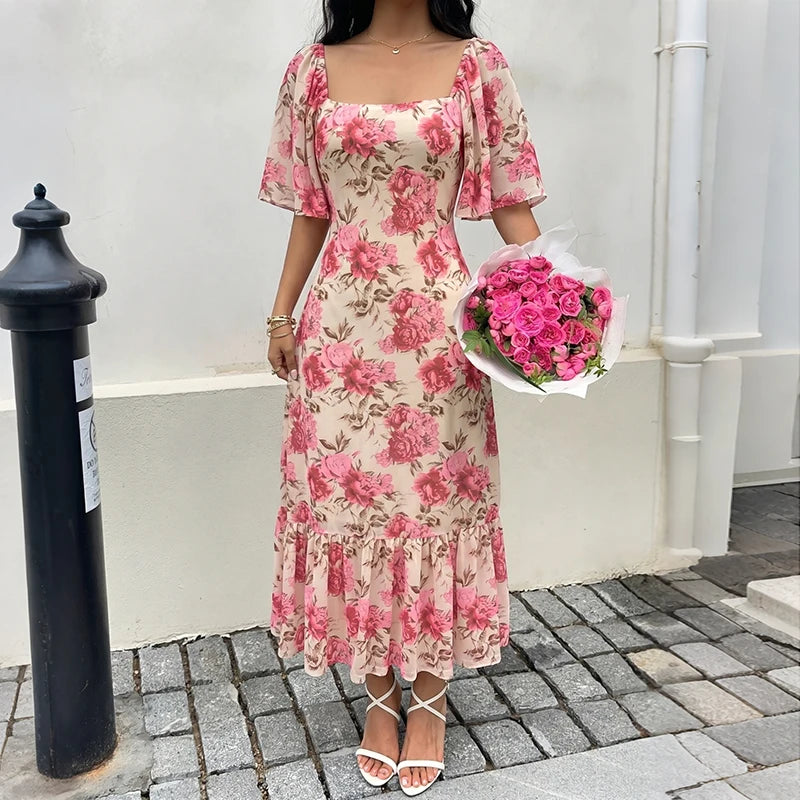 Floral Print Square Neck Midi Dress
