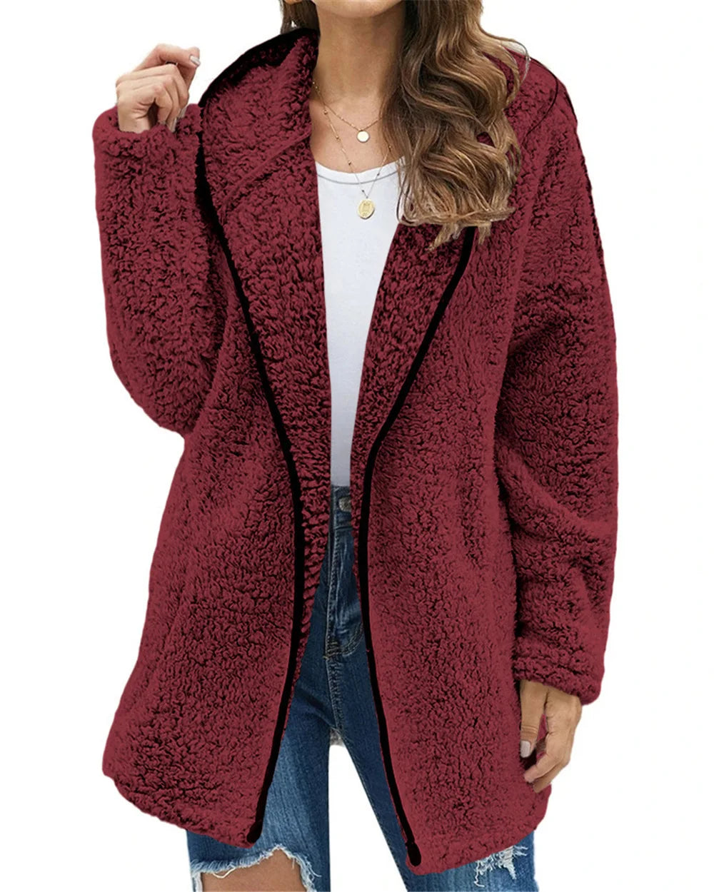 Women's Longline Teddy Fleece Coat – Open Front Jacket with Lapel Collar and Pockets