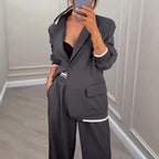 Women's Two Piece Suit Set with Blazer and Wide Leg Trousers – Long Sleeve