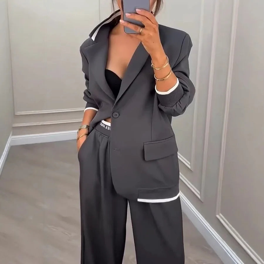 Women's Two Piece Suit Set with Blazer and Wide Leg Trousers – Long Sleeve