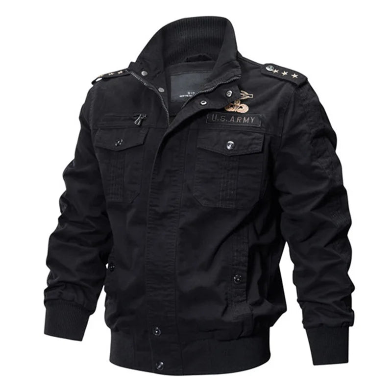 Men's Military Style Utility Jacket – Long Sleeve Zip Front with Multiple Pockets