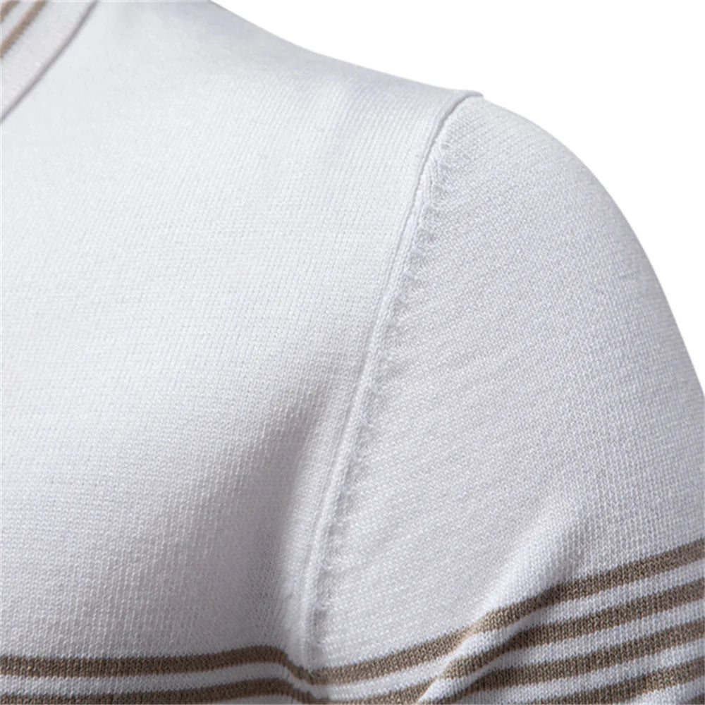 Men's Stripe Trim Polo Shirt with Short Sleeves and Zip Neck