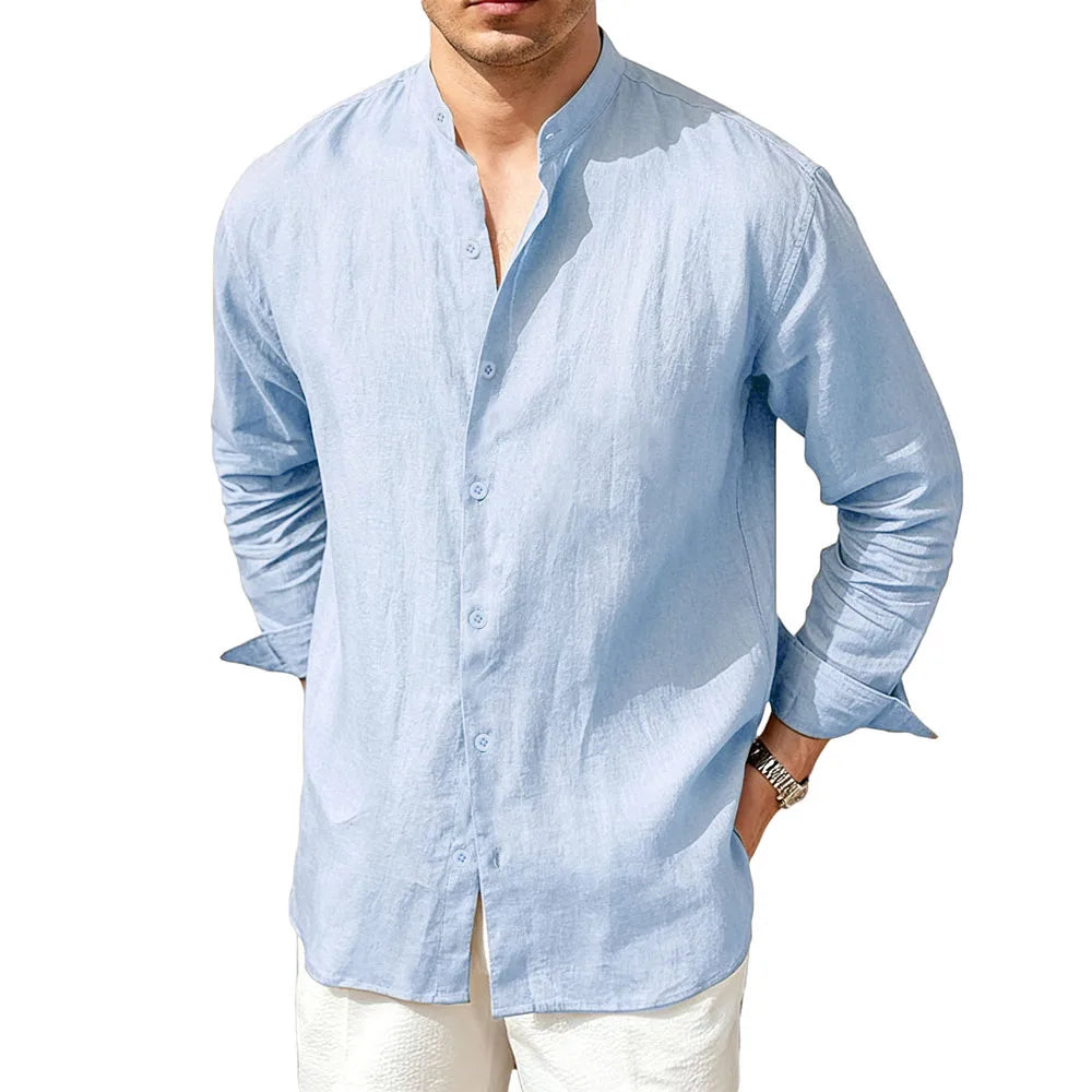 Men's Linen Button Front Mandarin Collar Shirt