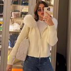 Women's Knitted Jumper with Fur Collar – Long Sleeve Zip Front Sweater