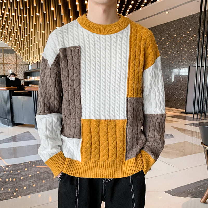 Men's Patchwork Knit Jumper with Cable Knit Panels
